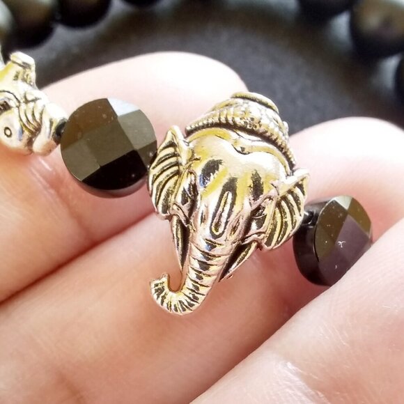 Chunky!!! Beaded Black & Silver Elephant Stretch Bracelet - Black Stone Beads - Picture 1 of 9